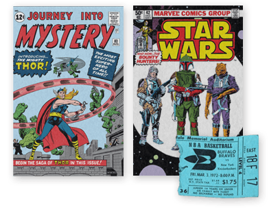 Thor and Star Wars Comic Books with Buffalo Braves Ticket Stubs